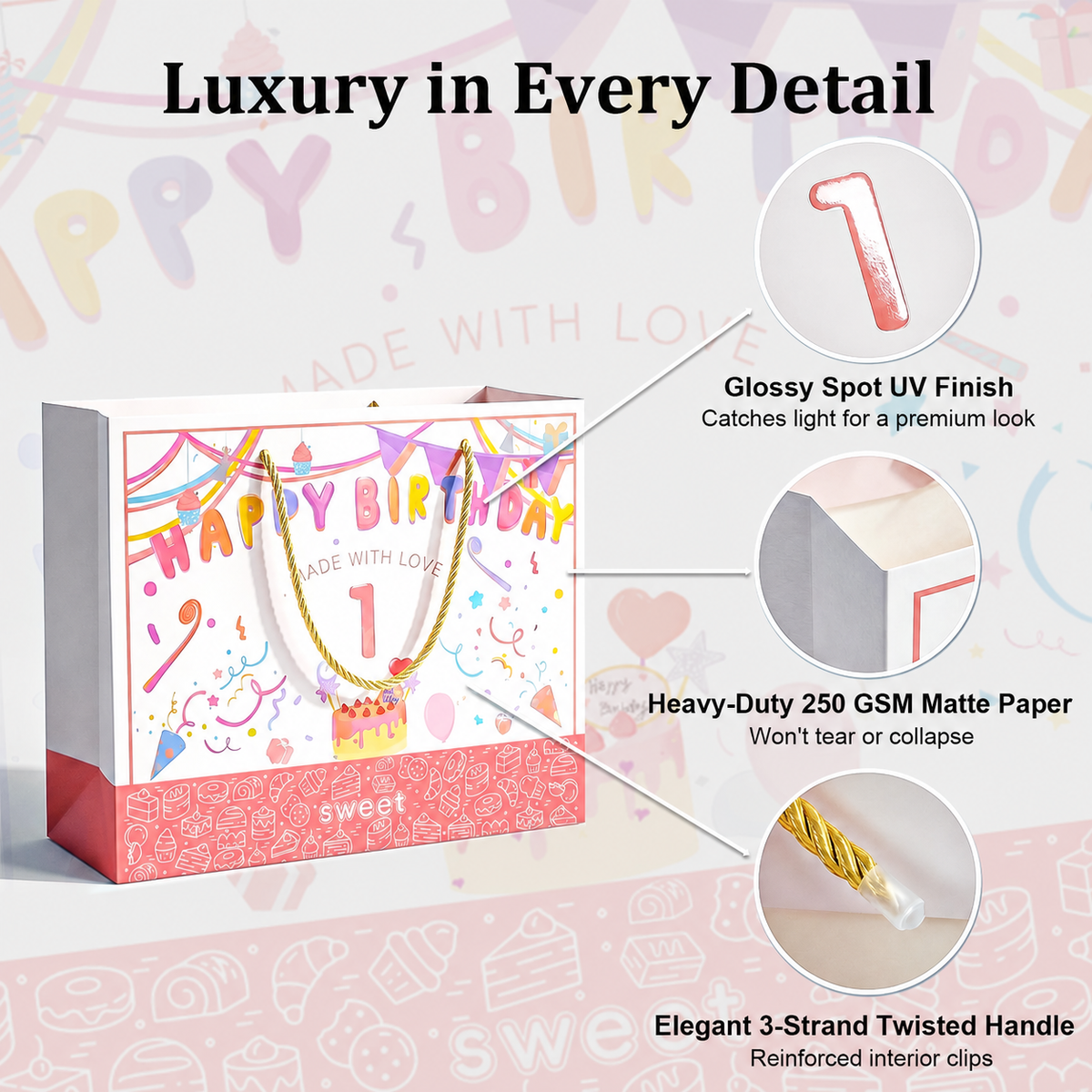 BOPLYBAY pink first birthday gift bag set details – 250 gsm paper