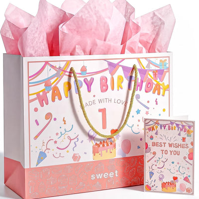 BOPLYBAY pink first birthday gift bag set for girls