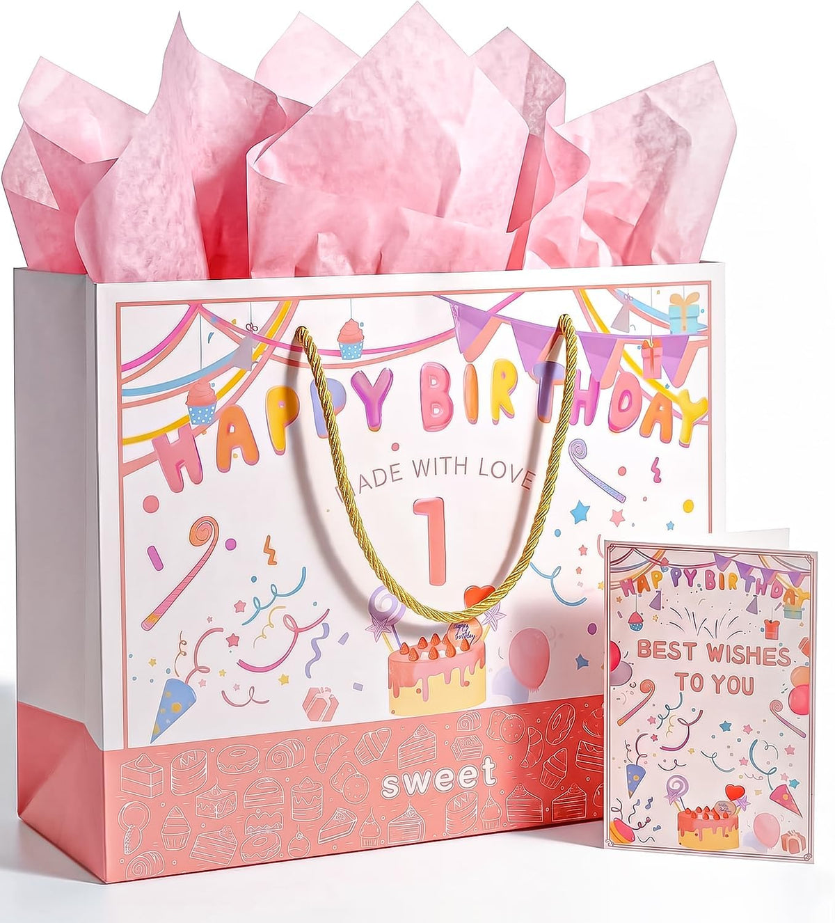 BOPLYBAY pink first birthday gift bag set for girls