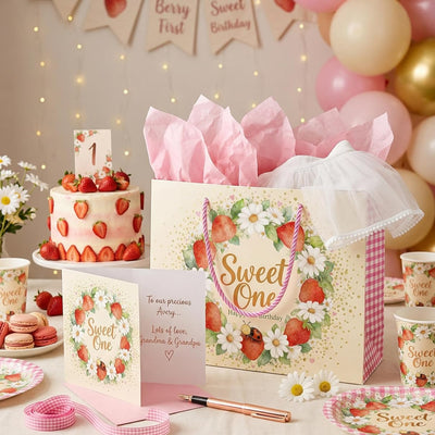 BOPLYBAY Sweet One strawberry first birthday gift bag set