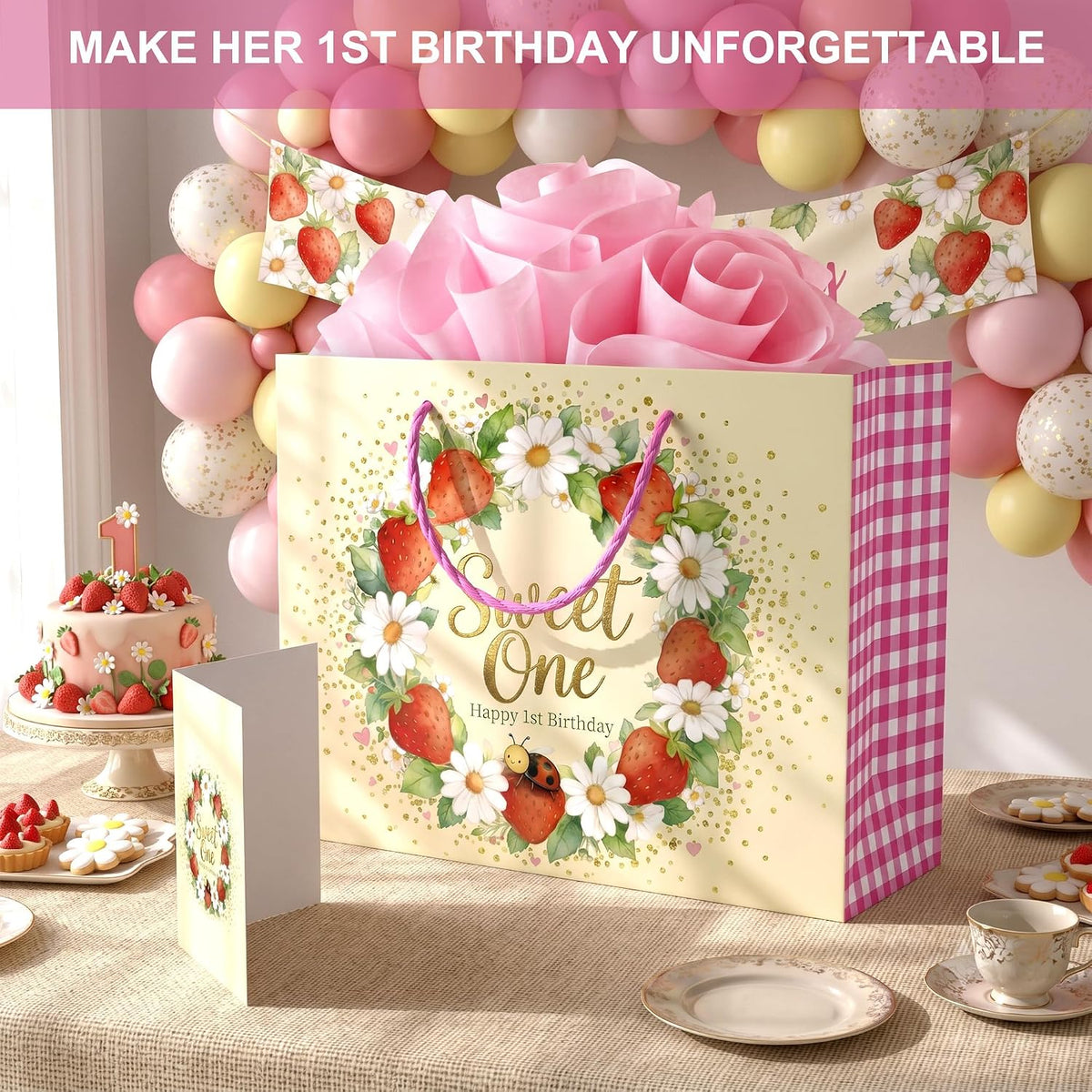 BOPLYBAY Sweet One strawberry first birthday gift bag set – view 2