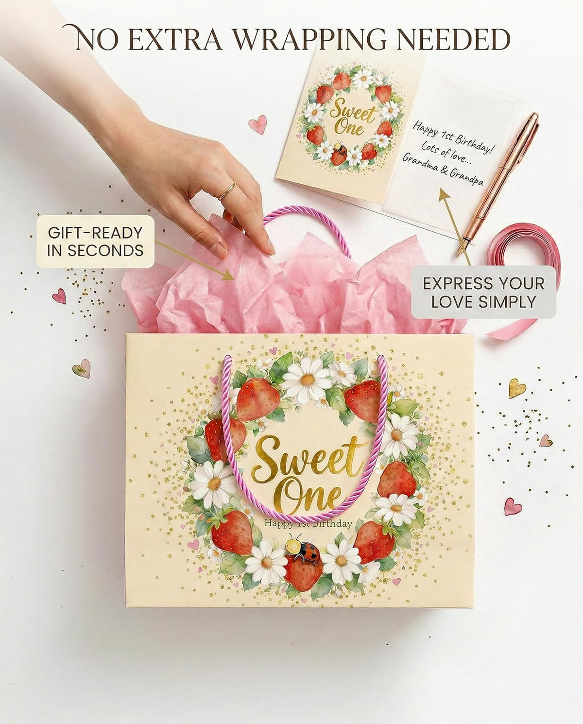 BOPLYBAY Sweet One strawberry first birthday gift bag set – view 3