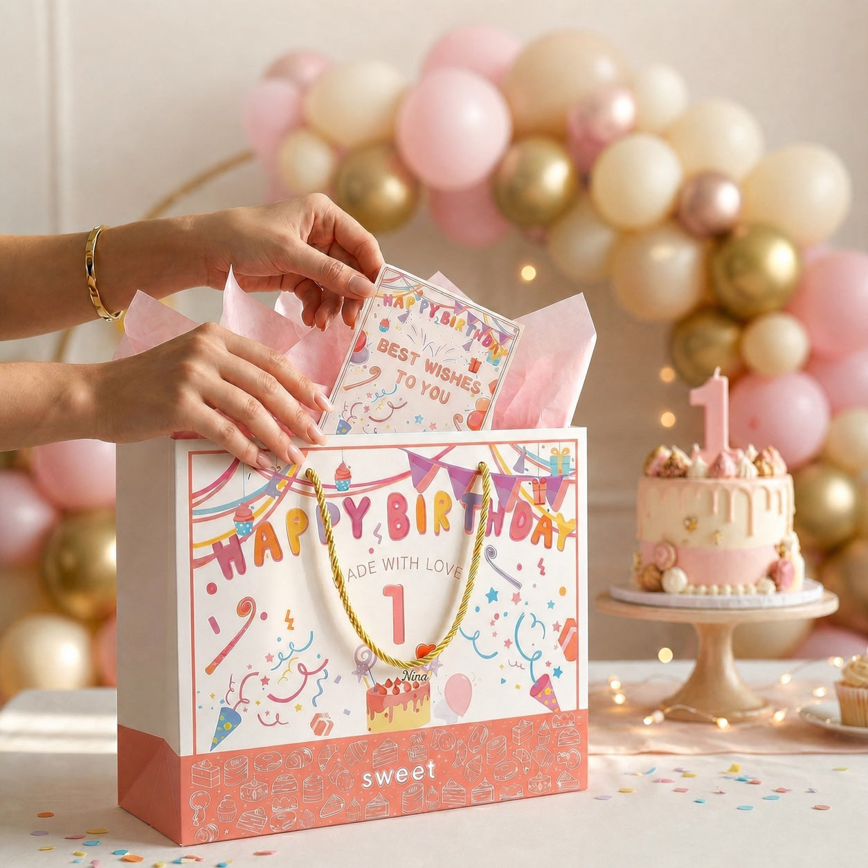 Pink first birthday gift bag with matching card and tissue paper