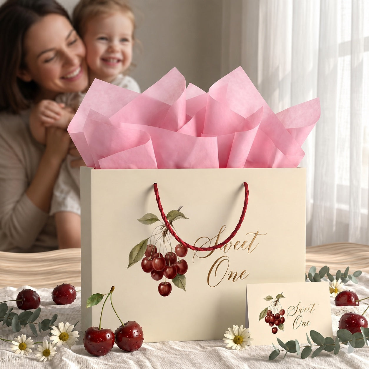 Sweet One cherry first birthday gift bag with matching card