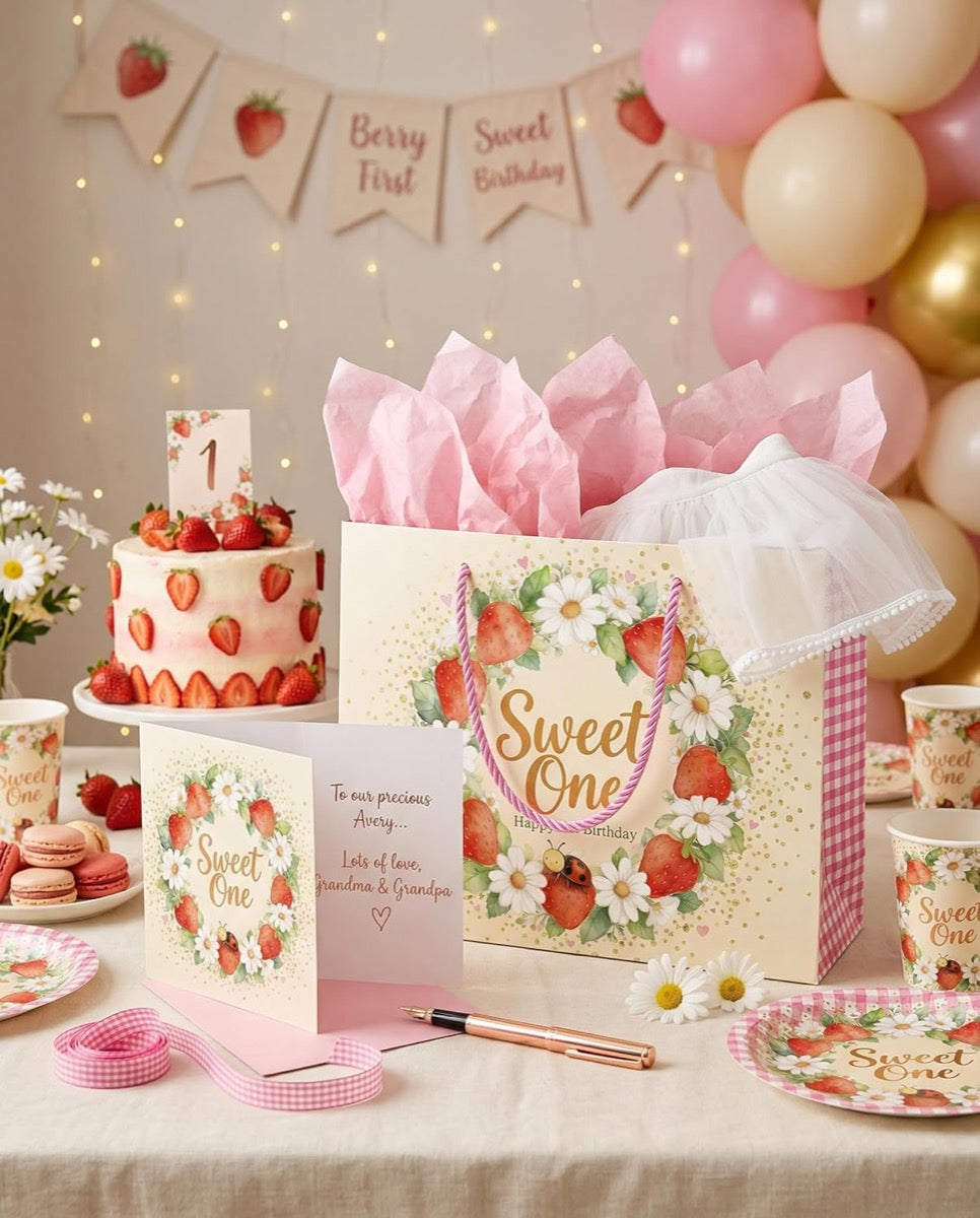 Sweet One strawberry first birthday gift bag set styled for a celebration